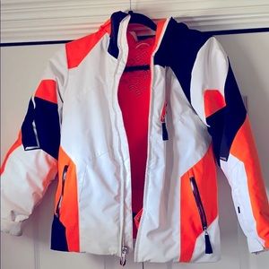 Boys Spyder ski or snowboard jacket with hood.